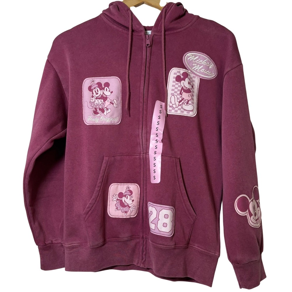 *NWT* Disney Mickey Mouse Zip Hoodie Women Small Maroon Patch Graphic Fleece